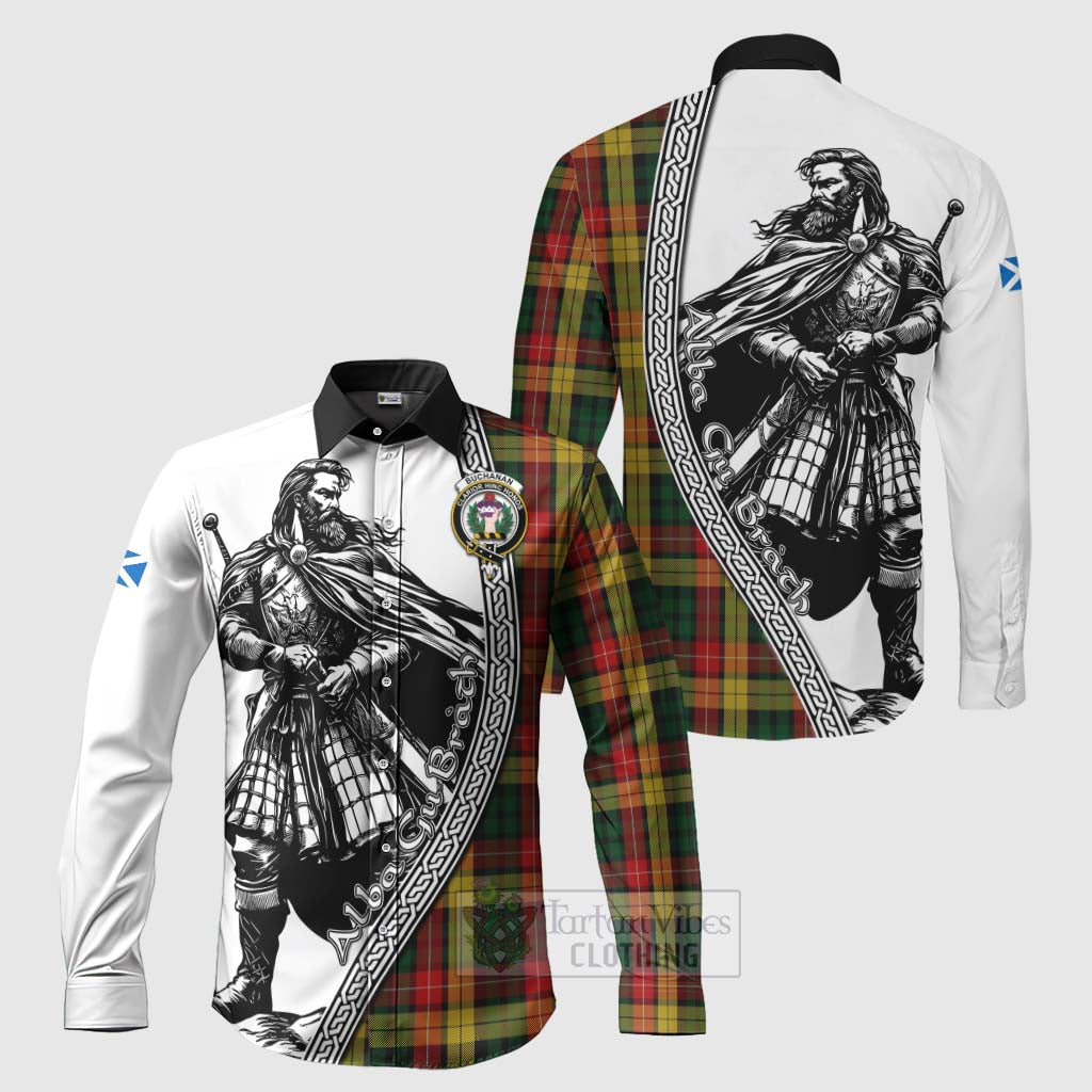 Tartan Vibes Clothing Buchanan Tartan Clan Crest Long Sleeve Button Shirt with Highlander Warrior Celtic Style