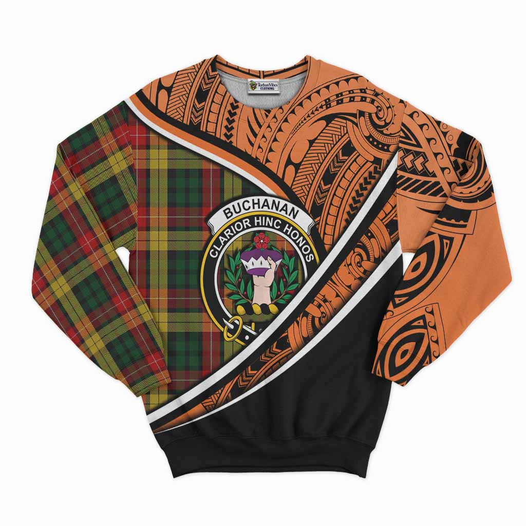 Tartan Vibes Clothing Buchanan Crest Tartan Sweatshirt with Maori Tattoo Style - Orange Version