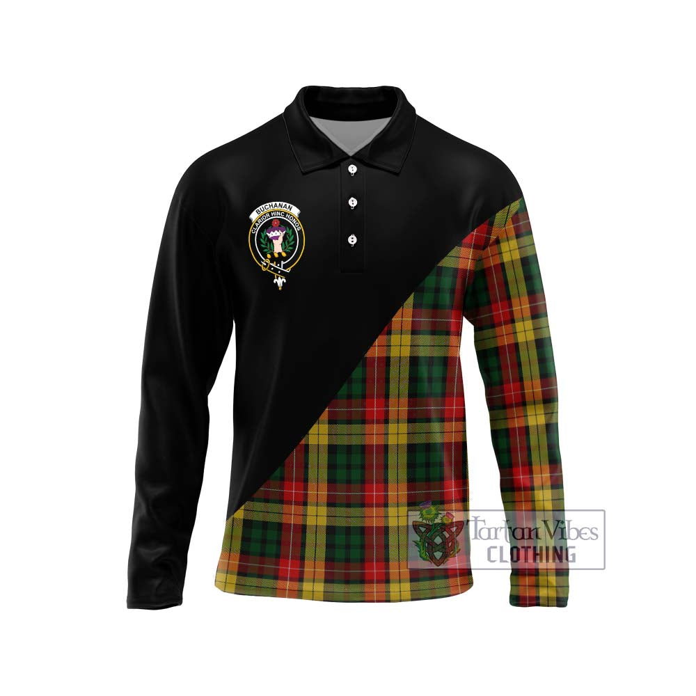 Buchanan Tartan Long Sleeve Polo Shirt with Family Crest and Military Logo Style Unisex - Tartanvibesclothing Shop