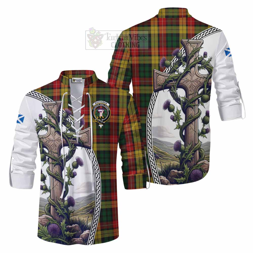 Tartan Vibes Clothing Buchanan Tartan Ghillie Kilt Shirt with Family Crest and St. Andrew's Cross Accented by Thistle Vines