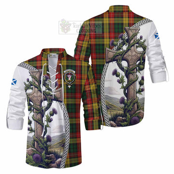 Buchanan Tartan Ghillie Kilt Shirt with Family Crest and St. Andrew's Cross Accented by Thistle Vines