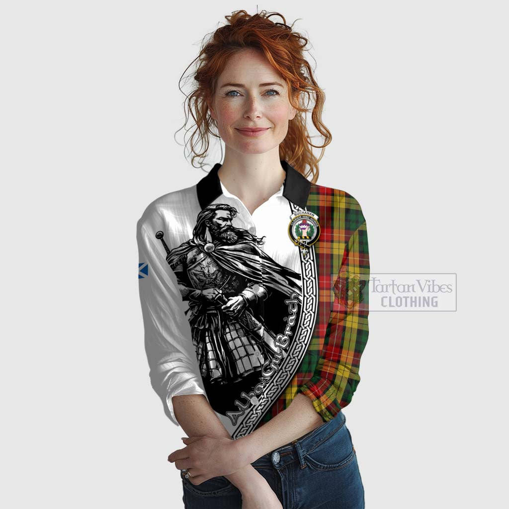 Tartan Vibes Clothing Buchanan Tartan Clan Crest Women's Casual Shirt with Highlander Warrior Celtic Style