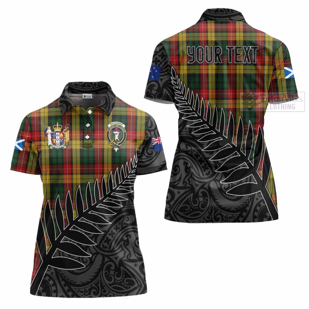 Tartan Vibes Clothing Buchanan Crest Tartan Women's Polo Shirt with New Zealand Silver Fern Half Style