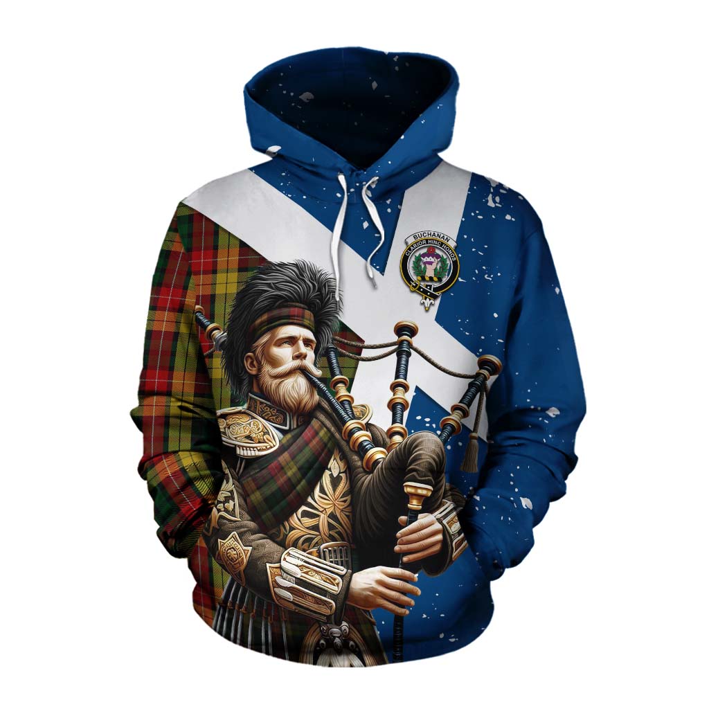 Tartan Vibes Clothing Buchanan Tartan Cotton Hoodie with Family Crest Scottish Bagpiper Vibes