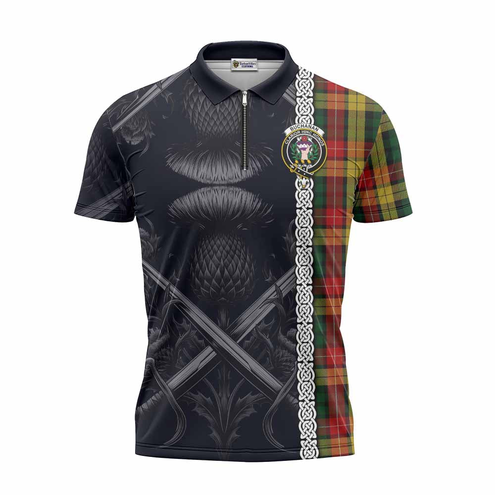 Tartan Vibes Clothing Buchanan Tartan Zipper Polo Shirt with Family Crest Cross Sword Thistle Celtic Vibes