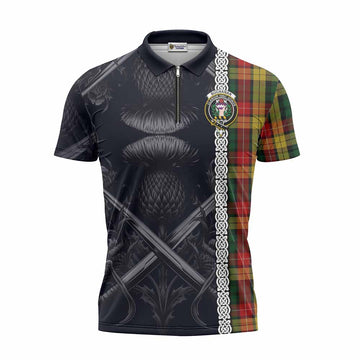 Buchanan Tartan Zipper Polo Shirt with Family Crest Cross Sword Thistle Celtic Vibes