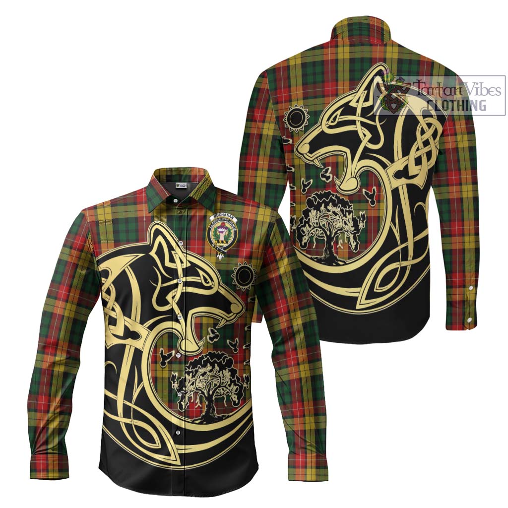 Buchanan Tartan Long Sleeve Button Shirt with Family Crest Celtic Wolf Style Men's Shirt S - Tartan Vibes Clothing