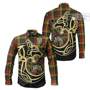 Buchanan Tartan Long Sleeve Button Shirt with Family Crest Celtic Wolf Style