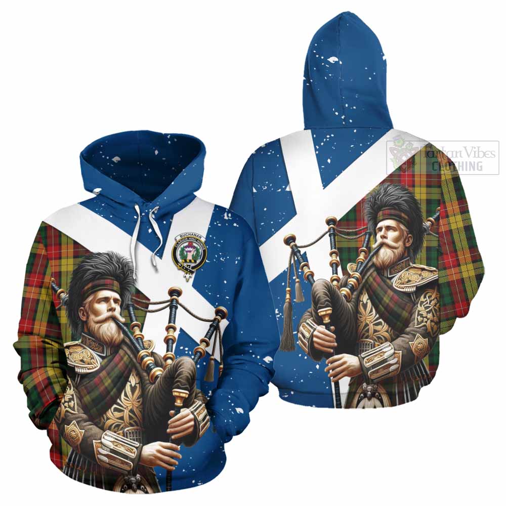 Tartan Vibes Clothing Buchanan Tartan Hoodie with Family Crest Scottish Bagpiper Vibes