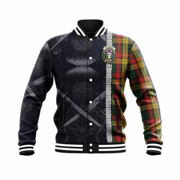 Buchanan Tartan Baseball Jacket with Family Crest Cross Sword Thistle Celtic Vibes