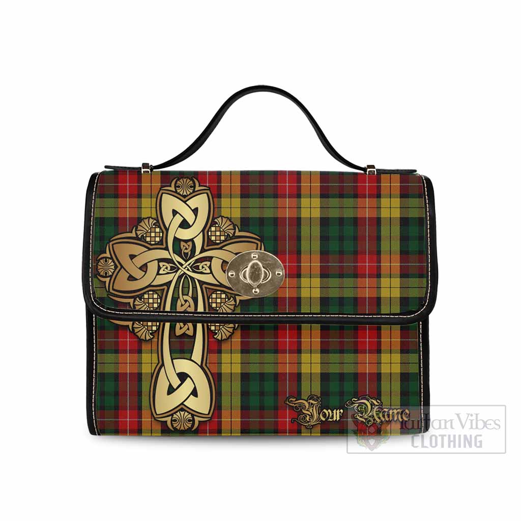 Tartan Vibes Clothing Buchanan Tartan Waterproof Canvas Bag Golden Thistle Celtic Cross Style