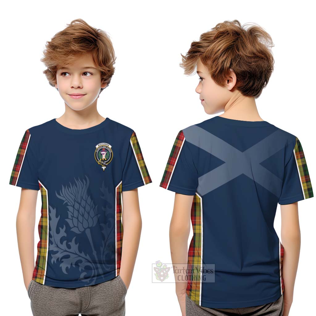 Tartan Vibes Clothing Buchanan Tartan Kid T-Shirt with Family Crest and Scottish Thistle Vibes Sport Style