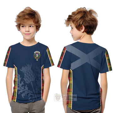 Buchanan Tartan Kid T-Shirt with Family Crest and Scottish Thistle Vibes Sport Style