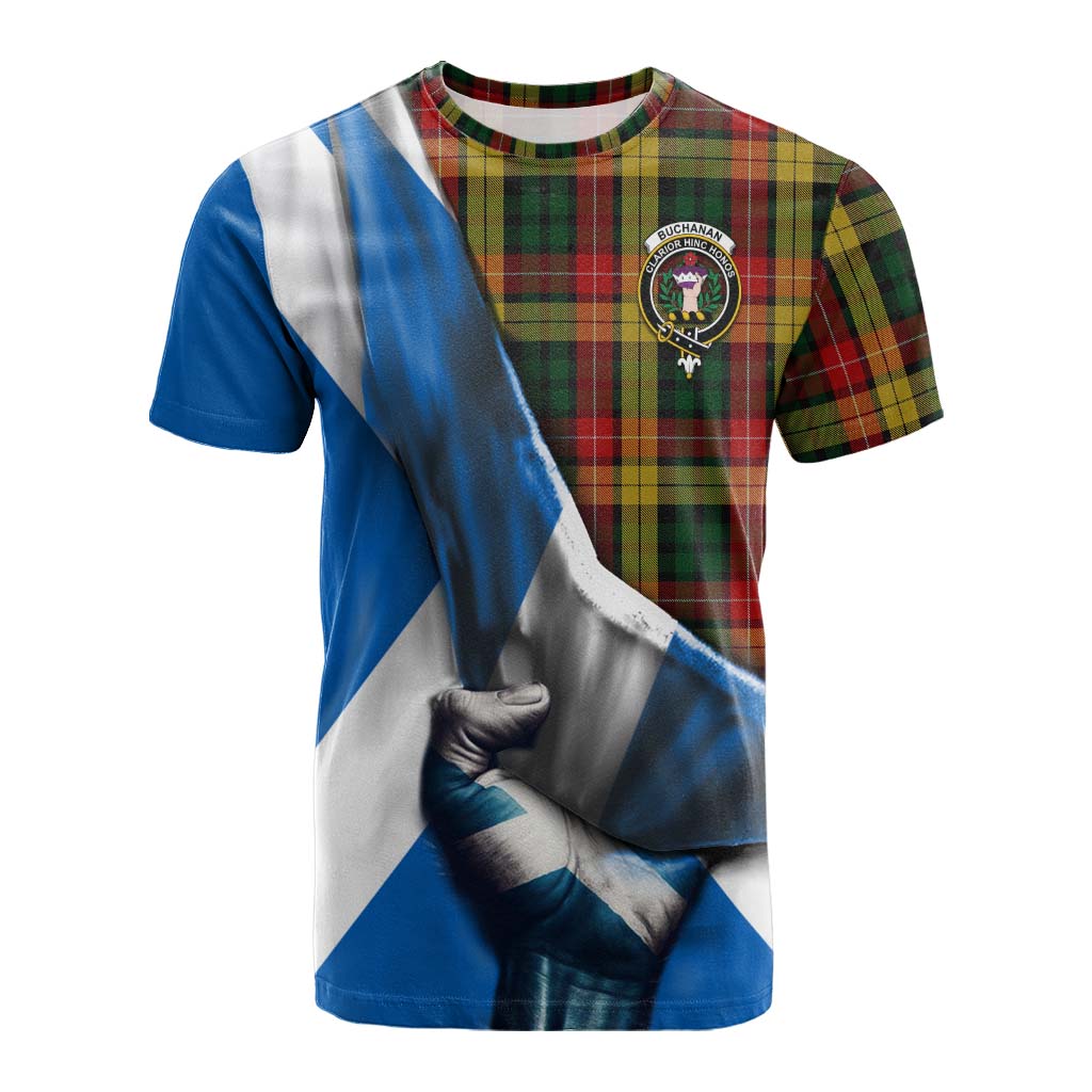 Tartan Vibes Clothing Buchanan Tartan Cotton T-shirt with Family Crest Scotland Patriotic Style