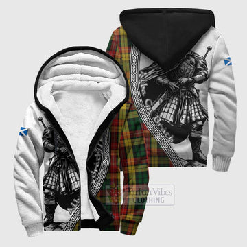 Buchanan Tartan Clan Crest Sherpa Hoodie with Highlander Warrior Celtic Style