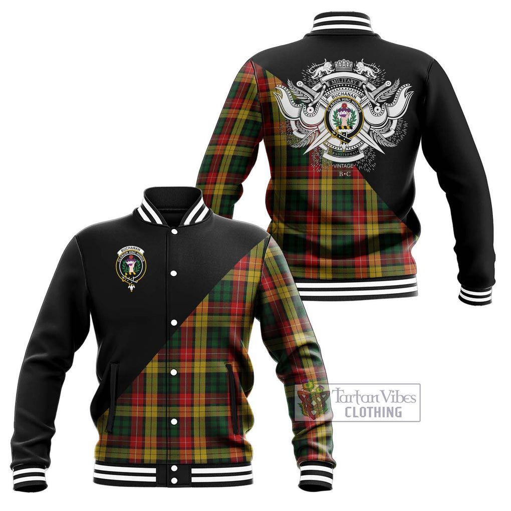 Buchanan Tartan Baseball Jacket with Family Crest and Military Logo Style Unisex - Tartanvibesclothing Shop