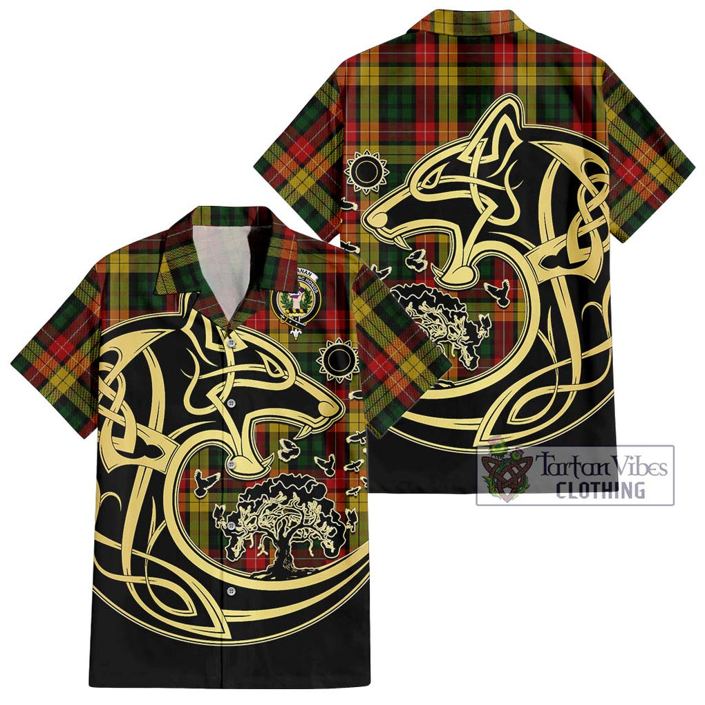 Buchanan Tartan Short Sleeve Button Shirt with Family Crest Celtic Wolf Style Kid - Tartan Vibes Clothing