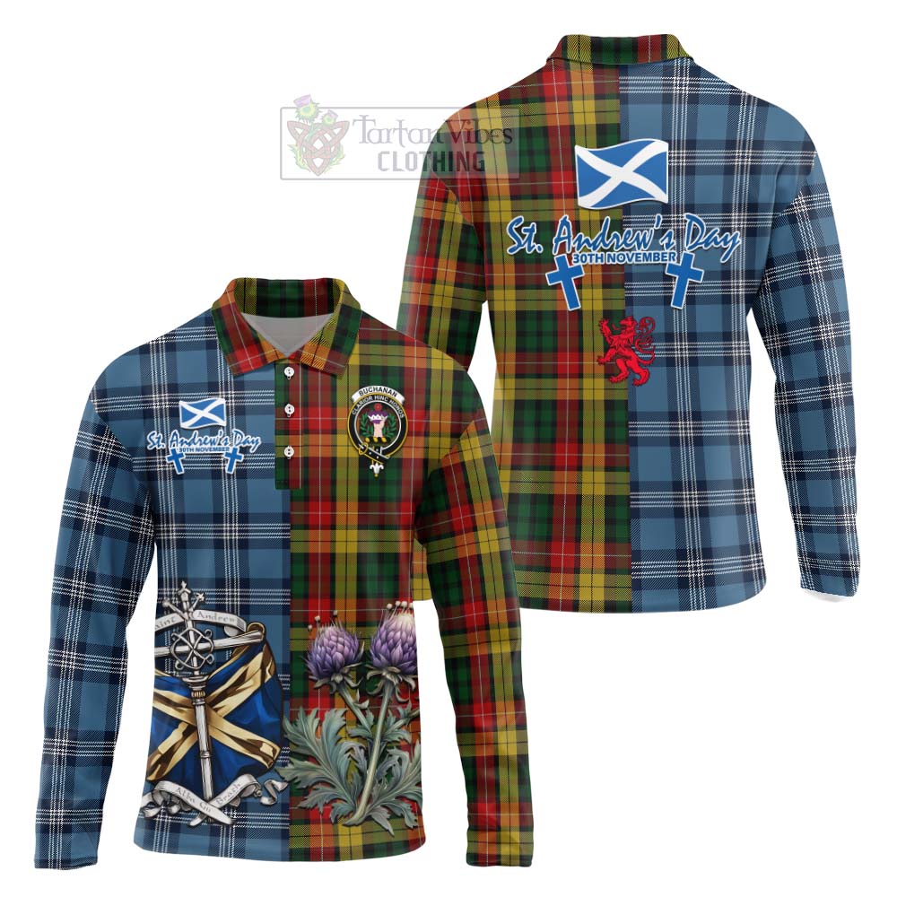 Buchanan Tartan Long Sleeve Polo Shirt Happy St. Andrew's Day Half Tartan Style Unisex - Tartan Vibes Clothing