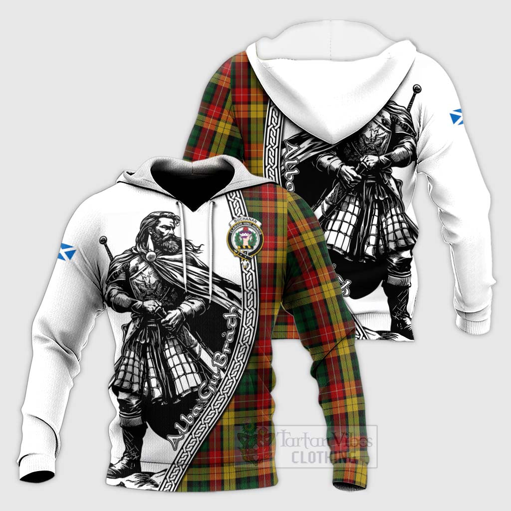 Tartan Vibes Clothing Buchanan Tartan Clan Crest Knitted Hoodie with Highlander Warrior Celtic Style