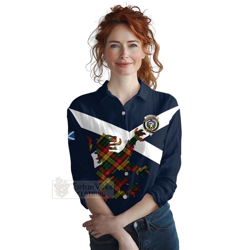 Tartan Vibes Clothing Buchanan Tartan Lion Rampant Women's Casual Shirt Proudly Display Your Heritage with Alba Gu Brath and Clan Name