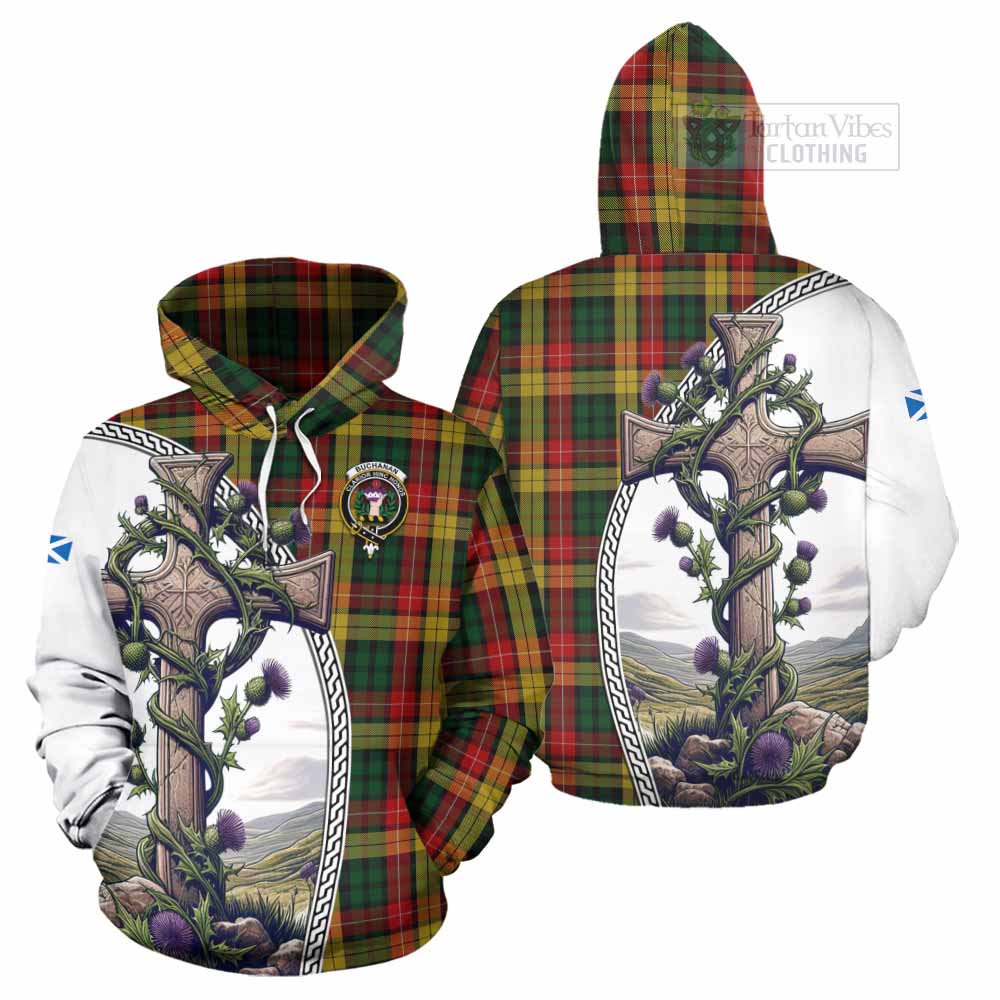 Tartan Vibes Clothing Buchanan Tartan Hoodie with Family Crest and St. Andrew's Cross Accented by Thistle Vines