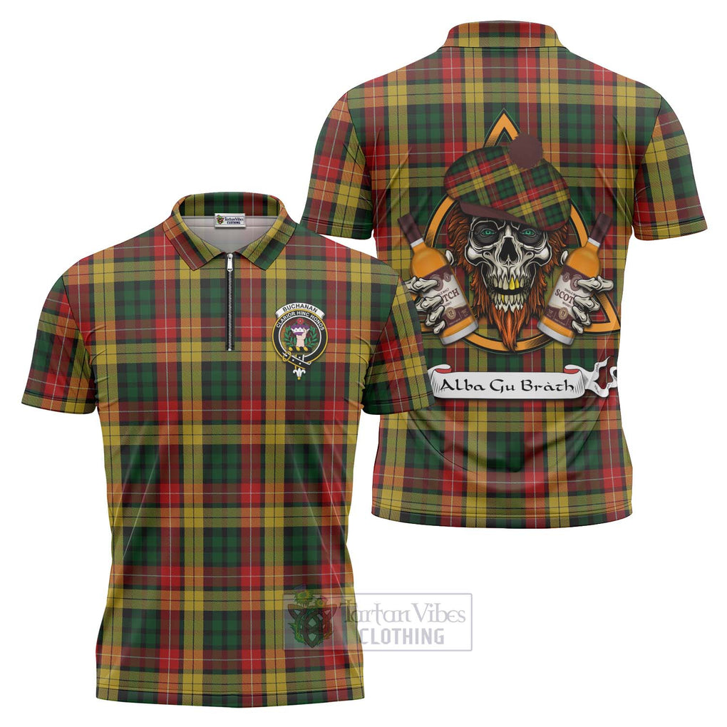 Tartan Vibes Clothing Buchanan Tartan Zipper Polo Shirt with Family Crest and Bearded Skull Holding Bottles of Whiskey