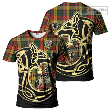 Buchanan Tartan T-Shirt with Family Crest Celtic Wolf Style