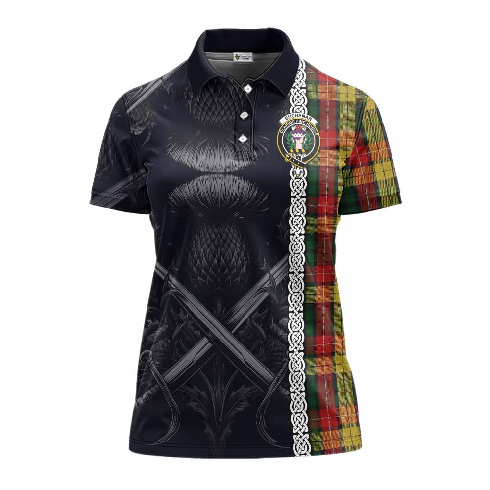 Tartan Vibes Clothing Buchanan Tartan Women's Polo Shirt with Family Crest Cross Sword Thistle Celtic Vibes