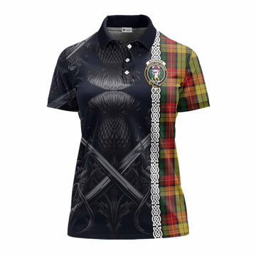 Buchanan Tartan Women's Polo Shirt with Family Crest Cross Sword Thistle Celtic Vibes