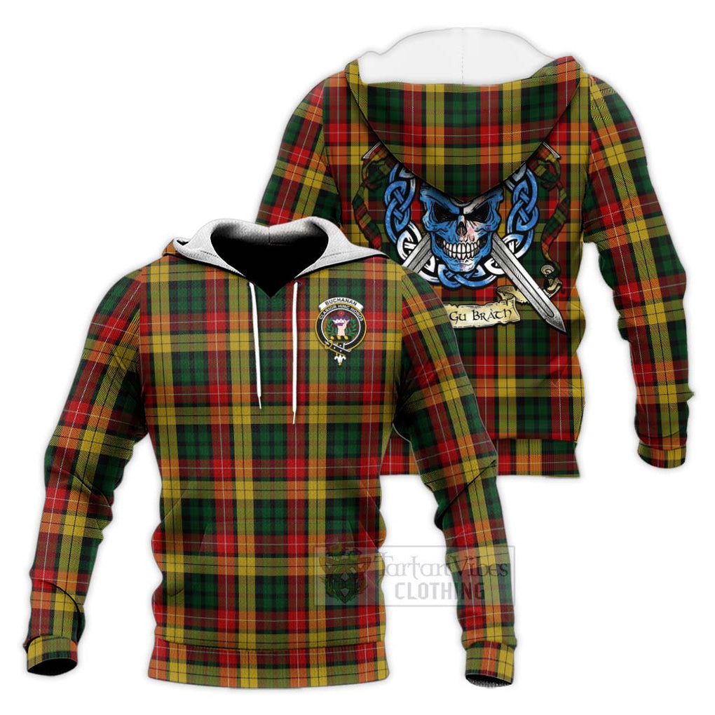 Tartan Vibes Clothing Buchanan Tartan Knitted Hoodie with Family Crest Celtic Skull Style