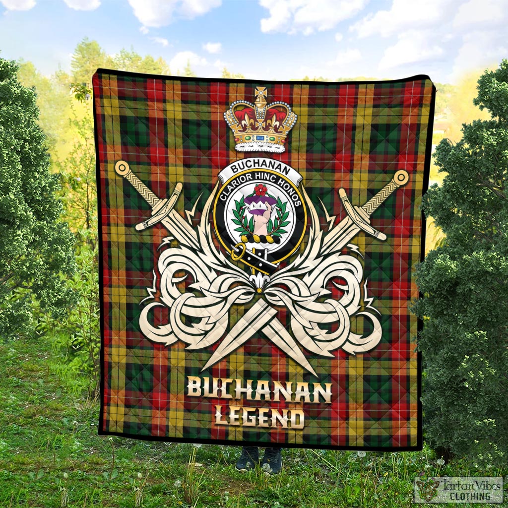 Tartan Vibes Clothing Buchanan Tartan Quilt with Clan Crest and the Golden Sword of Courageous Legacy