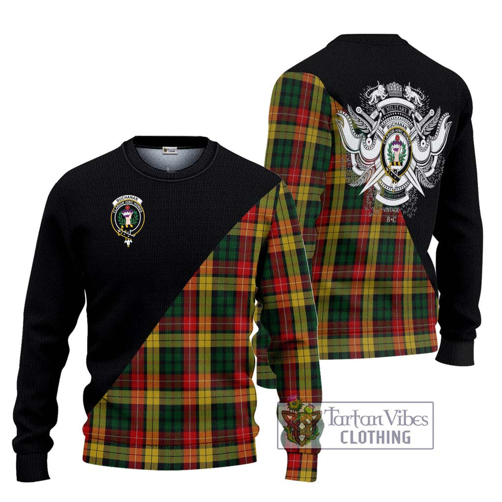 Buchanan Tartan Knitted Sweater with Family Crest and Military Logo Style Unisex - Tartanvibesclothing Shop