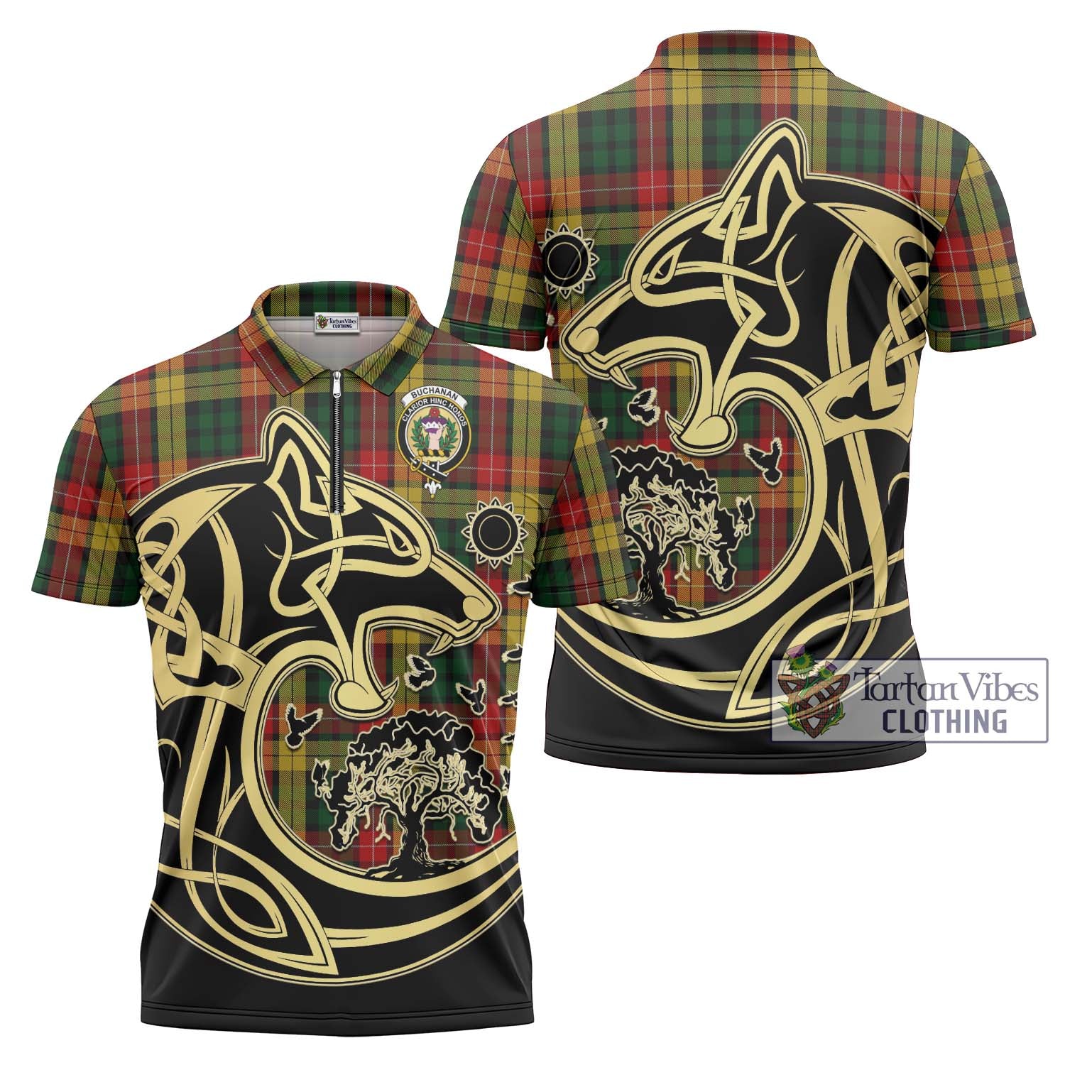 Buchanan Tartan Zipper Polo Shirt with Family Crest Celtic Wolf Style Unisex - Tartanvibesclothing Shop