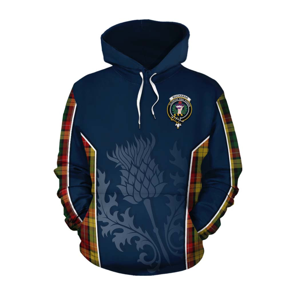 Tartan Vibes Clothing Buchanan Tartan Cotton Hoodie with Family Crest and Scottish Thistle Vibes Sport Style