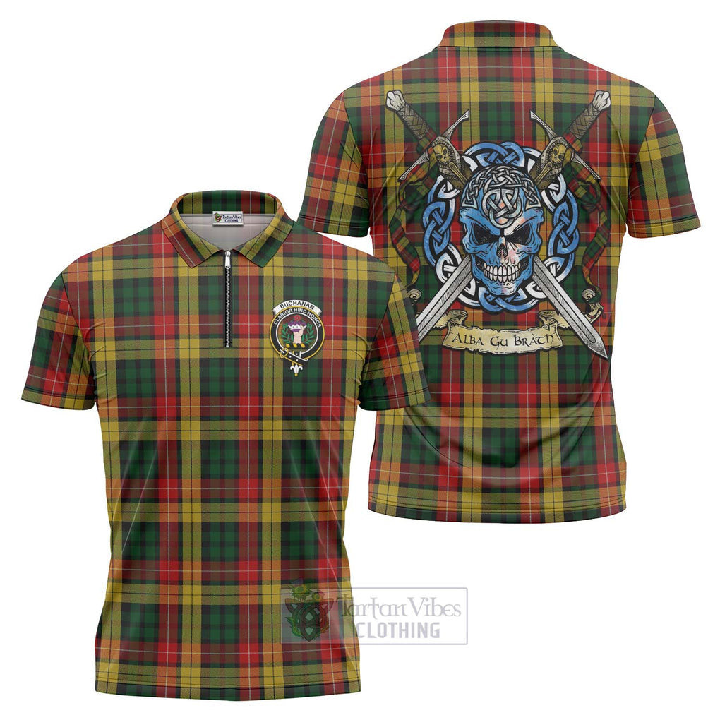 Tartan Vibes Clothing Buchanan Tartan Zipper Polo Shirt with Family Crest Celtic Skull Style