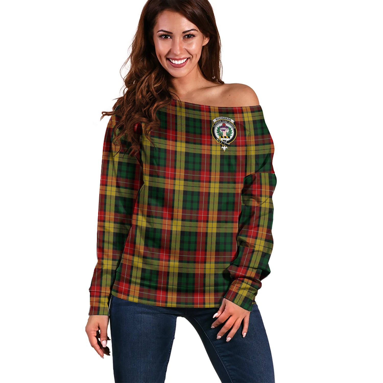 Buchanan Tartan Off Shoulder Women Sweater with Family Crest Women - Tartanvibesclothing