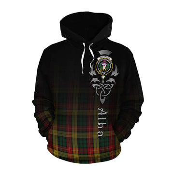 Buchanan Tartan Cotton Hoodie Featuring Alba Gu Brath Family Crest Celtic Inspired