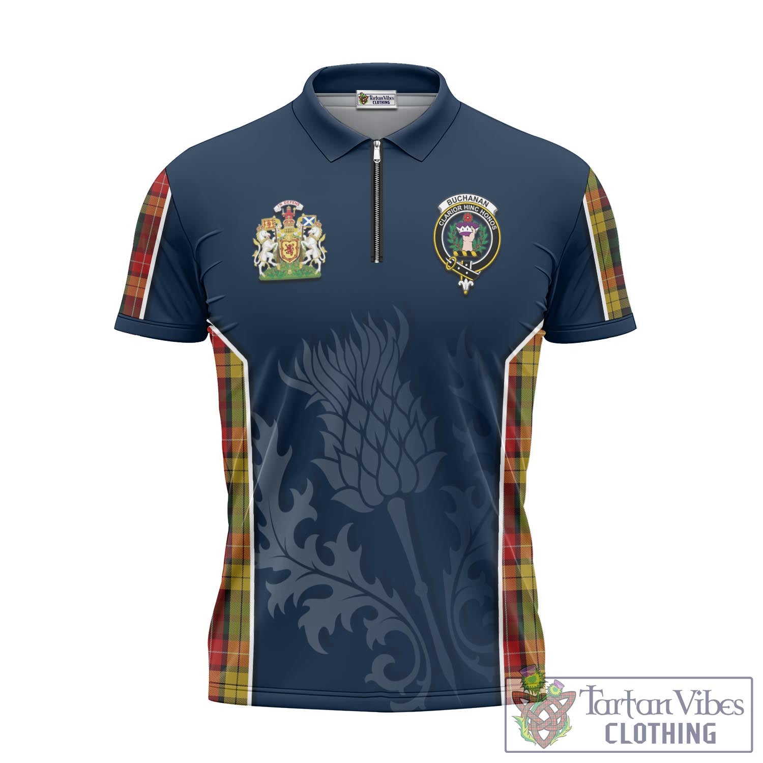 Tartan Vibes Clothing Buchanan Tartan Zipper Polo Shirt with Family Crest and Scottish Thistle Vibes Sport Style