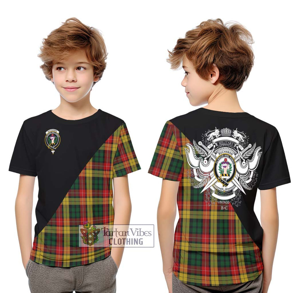 Buchanan Tartan Kid T-Shirt with Family Crest and Military Logo Style Youth XL Size14 - Tartanvibesclothing Shop