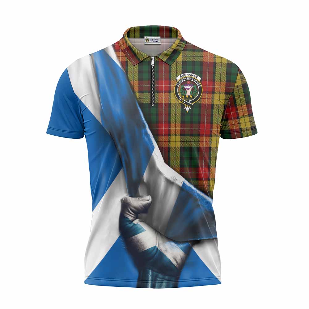 Tartan Vibes Clothing Buchanan Tartan Zipper Polo Shirt with Family Crest Scotland Patriotic Style