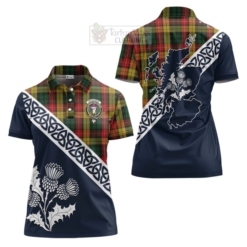 Tartan Vibes Clothing Buchanan Tartan Women's Polo Shirt Featuring Thistle and Scotland Map