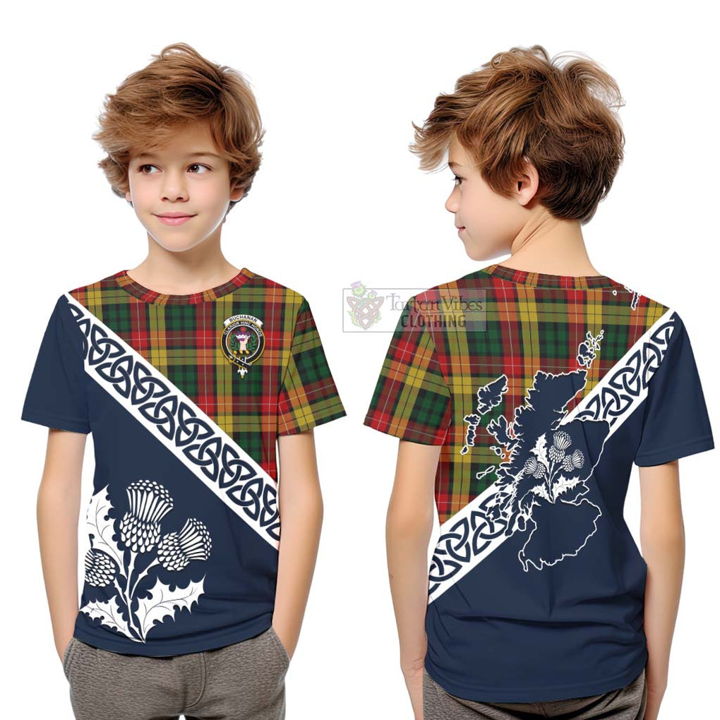 Tartan Vibes Clothing Buchanan Tartan Kid T-Shirt Featuring Thistle and Scotland Map