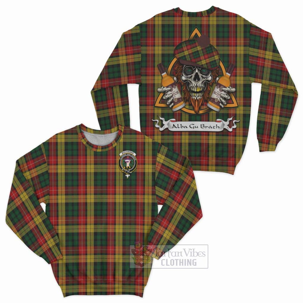 Tartan Vibes Clothing Buchanan Tartan Sweatshirt with Family Crest and Bearded Skull Holding Bottles of Whiskey