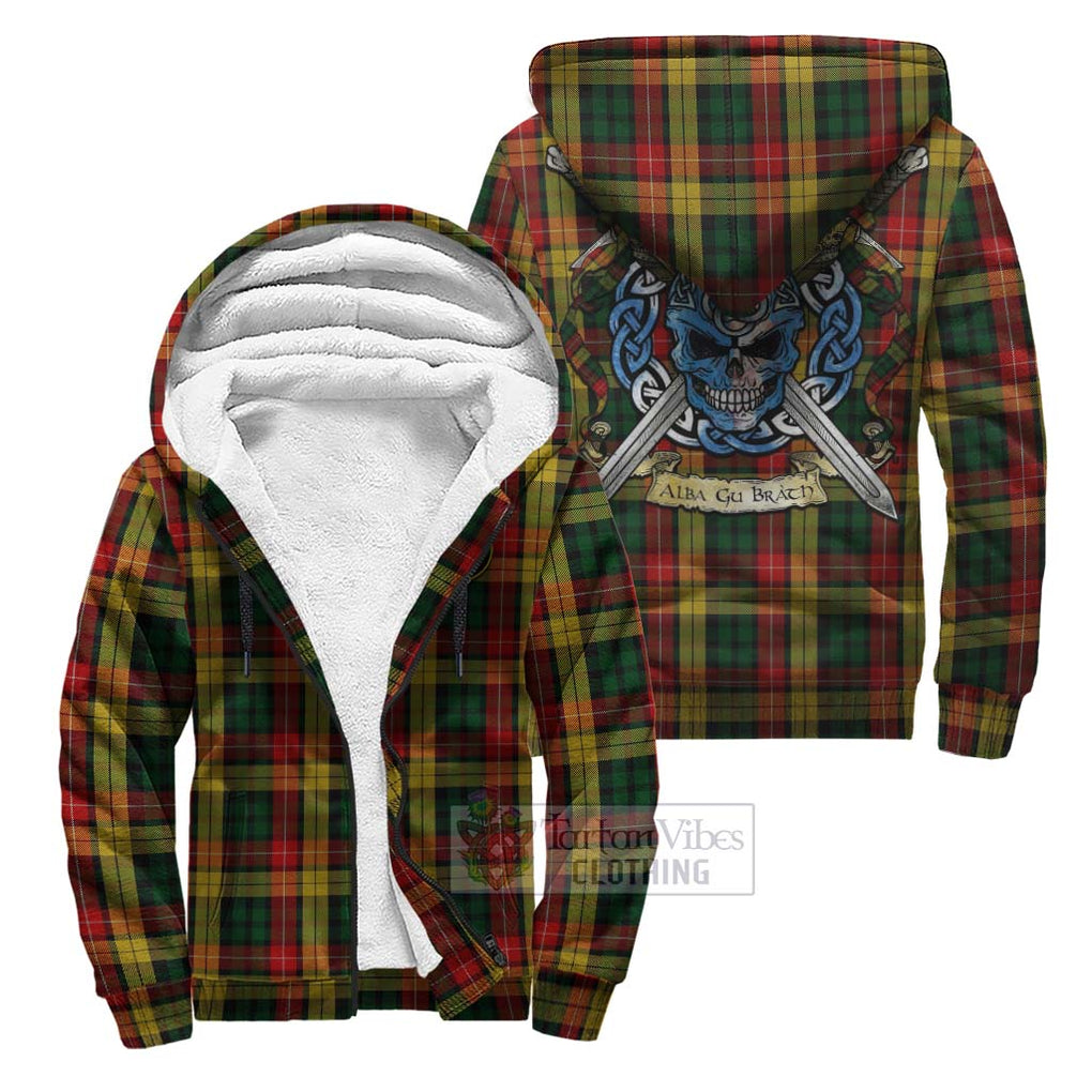 Tartan Vibes Clothing Buchanan Tartan Sherpa Hoodie with Family Crest Celtic Skull Style