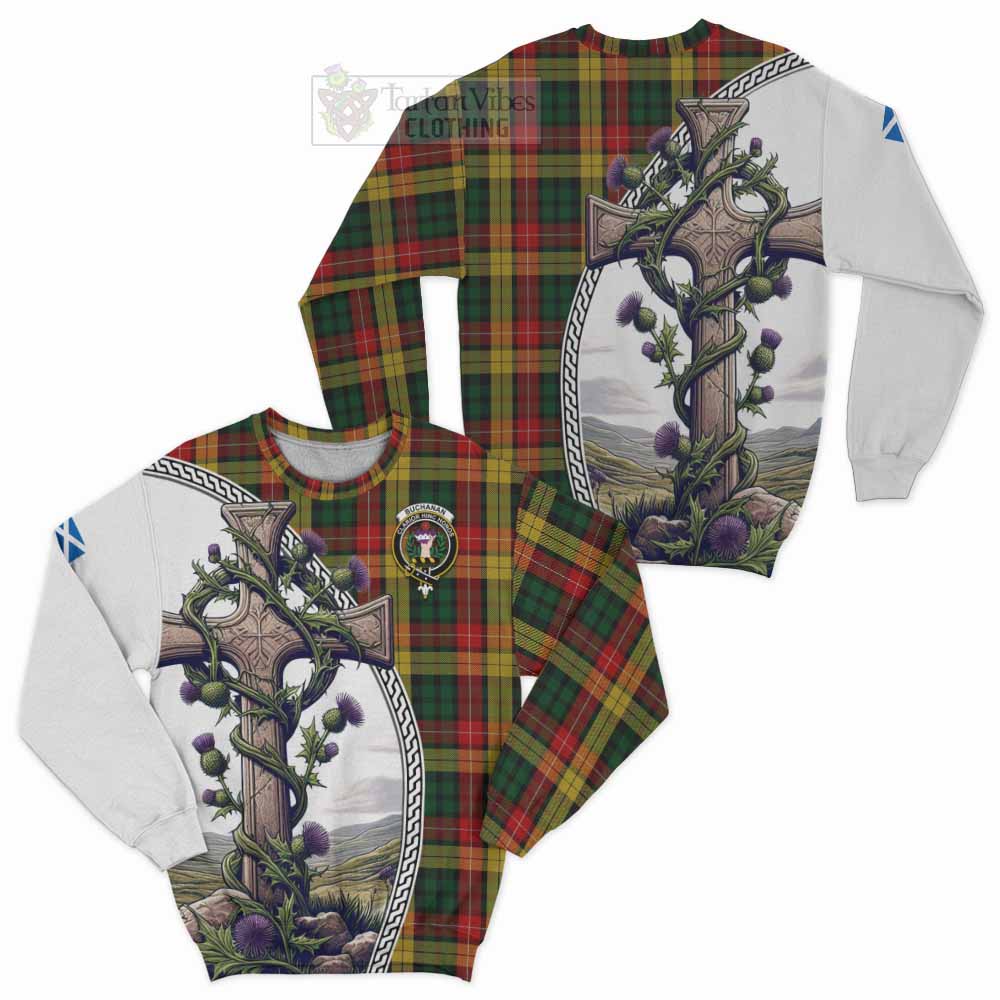 Tartan Vibes Clothing Buchanan Tartan Sweatshirt with Family Crest and St. Andrew's Cross Accented by Thistle Vines