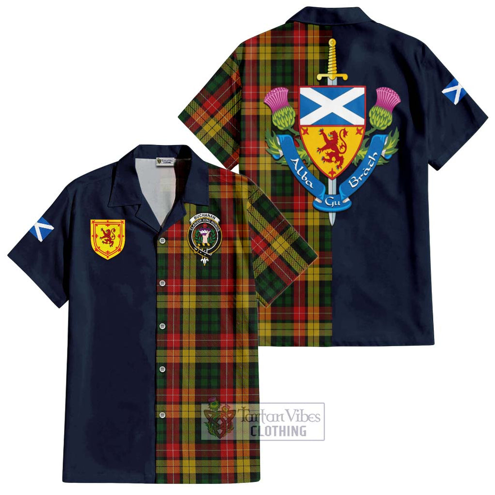 Tartan Vibes Clothing Buchanan Tartan Short Sleeve Button Shirt with Scottish Lion Royal Arm Half Style