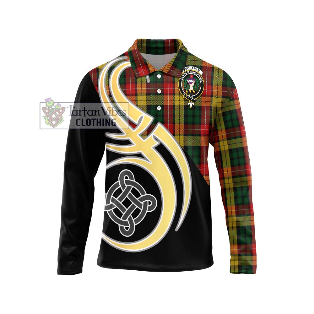 Buchanan Tartan Long Sleeve Polo Shirt with Family Crest and Celtic Symbol Style Unisex - Tartan Vibes Clothing