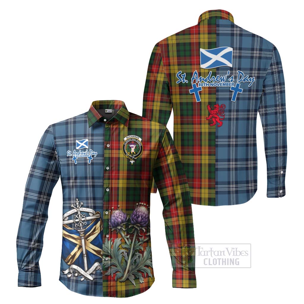 Tartan Vibes Clothing Buchanan Tartan Long Sleeve Button Shirt Happy St. Andrew's Day Half Tartan Style