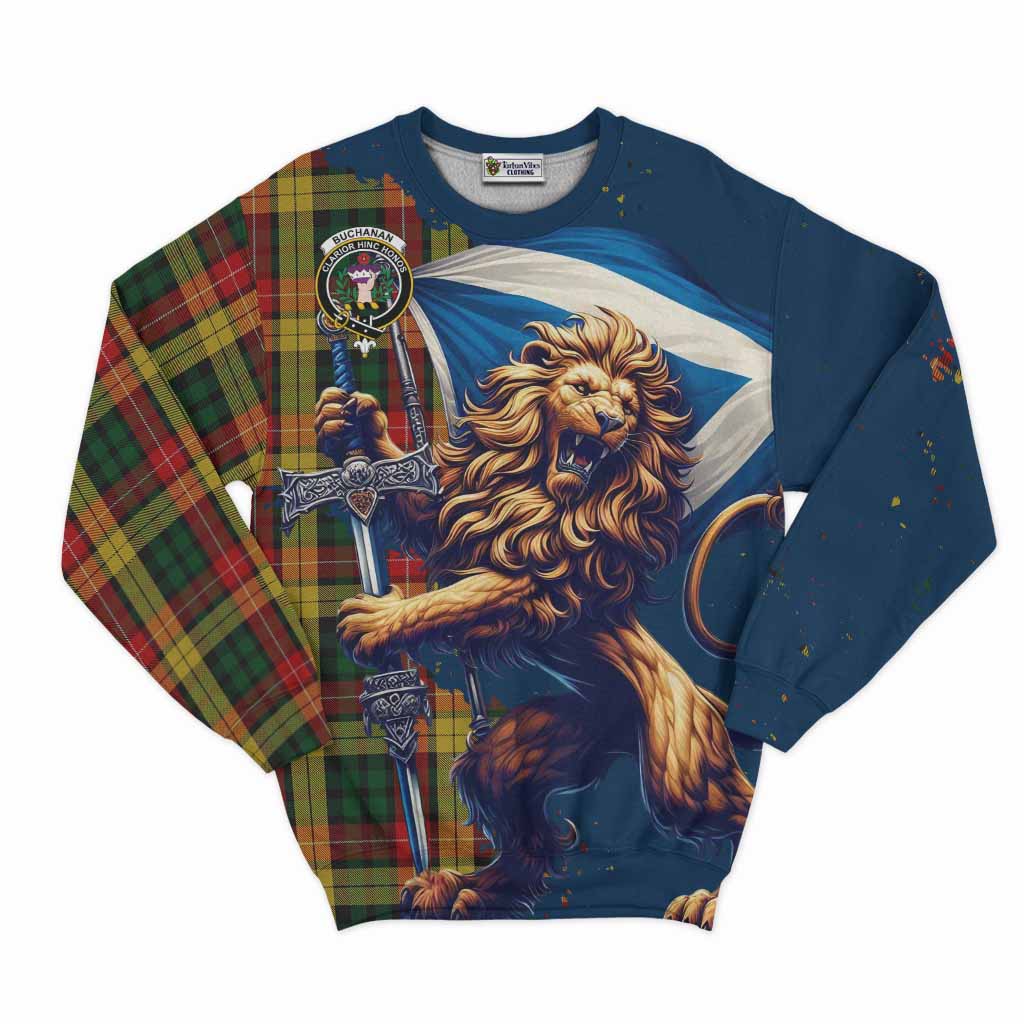 Tartan Vibes Clothing Buchanan Tartan Family Crest Sweatshirt with Scottish Majestic Lion