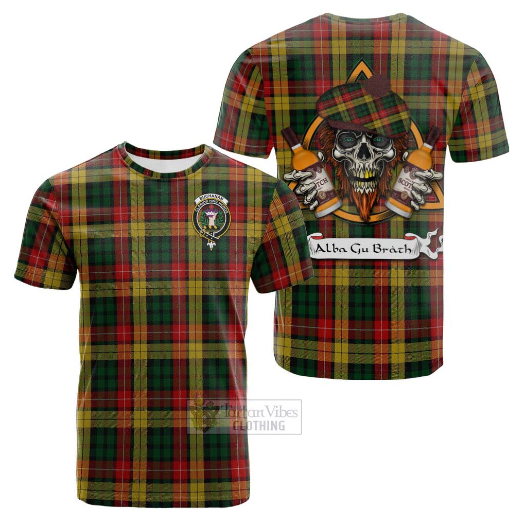 Tartan Vibes Clothing Buchanan Tartan Cotton T-shirt with Family Crest and Bearded Skull Holding Bottles of Whiskey